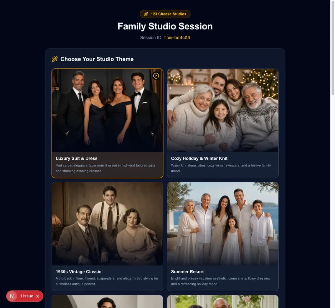 Family studio theme selection cards with example family portraits