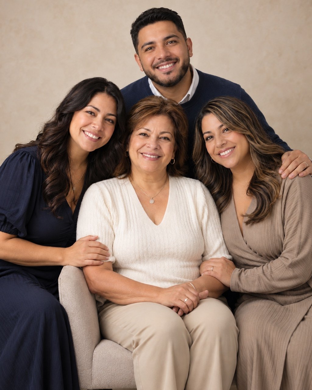A mother and her three grown children in an elegant vertical 4:5 studio family portrait