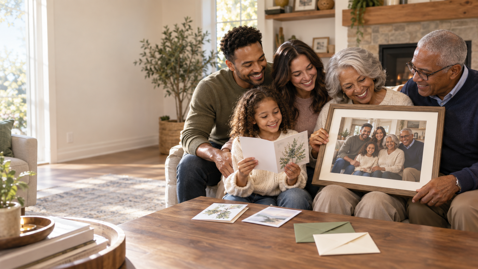 A family enjoying a printed card and framed family portrait together